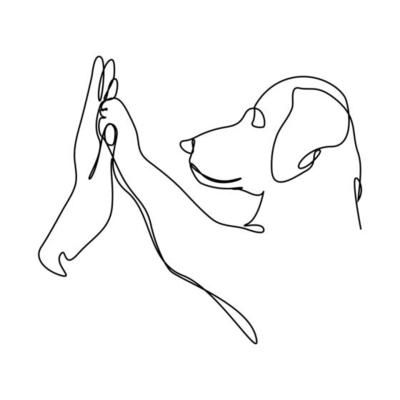 One line drawing of young happy woman squat then giving high five gesture to his dog at outfield park as friendship symbol. Pet care concept. Modern continuous line draw design vector illustration 3591894 Vector Art at Vecteezy Puppy Line Drawing, Dog Person Drawing, Dog Sniffing Illustration, Dogs Silhouette, Dog Line Drawing, Dogs Hugging, Dog Line Art, Simple Artwork, Person Drawing