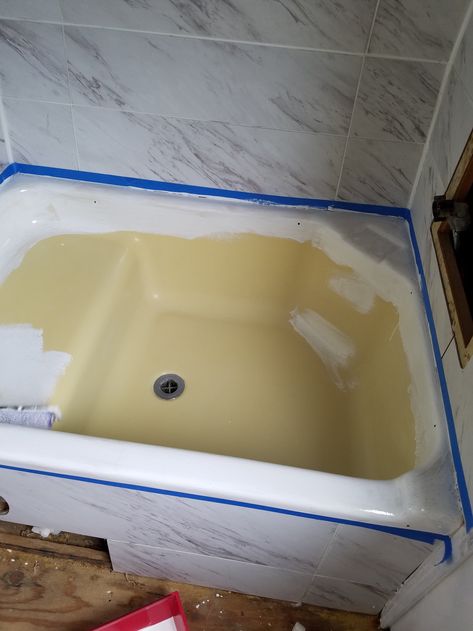 Painting Bathroom Sinks, Liz Kamarul, Tub Resurfacing, Countertop Redo, Paint Rv, Camper Flooring, Rv Sink, Motorhome Remodel, Tub To Shower Remodel