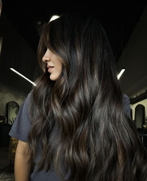 Best Hair Color For Dark Hair, Old Money Dark Brunette Hair, Brunette Asian Hair, Black And Chocolate Brown Hair, Dark Brown Glaze Hair, Asian Black Hair With Highlights, Subtle Dark Brown Balayage, Ombre Hair Asian, Hair From Black To Brown