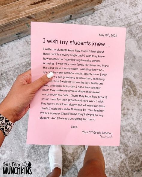 Melody | 2nd Grade Teacher on Instagram: "I wish my students knew...✨This is a letter your students will treasure🤍It’s a little way to let them know how much you care! All year, I keep “I wish my teacher knew...” slips in my classroom for students to write letters to me. They’re not frequently used, (as we also do a online check in daily where they can tell me anything,) but they always melt my heart. For the end of the year, I like to write my students a letter of the same nature.🤍 I definit Graduation Letter, Tell Me Anything, Letter To Students, Melt My Heart, Teachers Room, Teacher End Of Year, Survival Kit Gifts, Student Teacher Gifts, Letter To Teacher