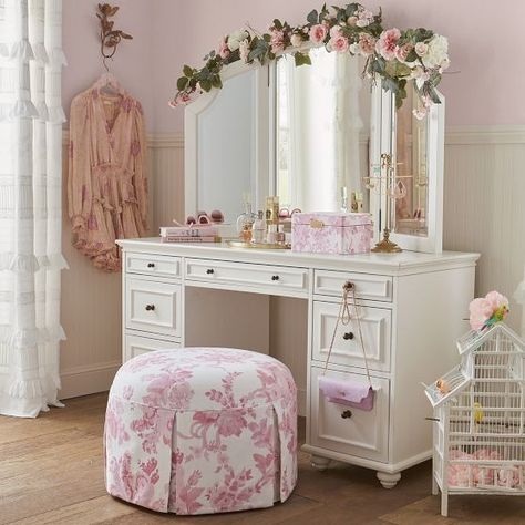 LoveShackFancy | Pottery Barn Teen Loveshackfancy Home, Loveshackfancy Bedroom, Fancy Pottery, Pottery Barn Vanity, Lounge Ottoman, Costal Bedroom, Loveshack Fancy, Fancy Aesthetic, Toddler Decor