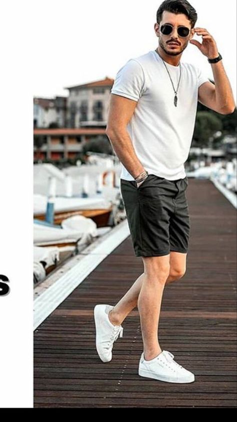 Mens Short Outfits, Dad Summer Outfits Men, Florida Outfits For Men, Mens Short Sleeve Shirts, White Short Men Outfit, Mens Black Shorts Outfit, Short Outfits Hombre, Outfit Short Hombre, Outfit Con Short Hombre