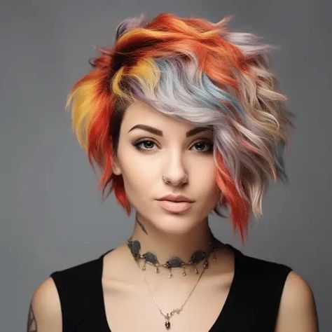 Cute Edgy Haircuts, Shag Hair With Shaved Sides, Colored Hair For Short Hair, 2024 Trending Haircuts, Razor Haircut Medium, Bright Hair Colors Short, Punk Haircuts For Women, Short Edgy Hair, "bixie" Haircut 2024