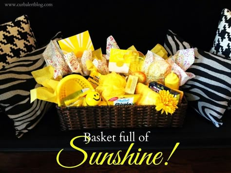 Get Well Soon Gift: Basket full of Sunshine Yellow Goodies via Curb Alert! www.curbalertblog.com Get Well Soon Gift Basket, Basket Of Sunshine, Giveaway Ideas, Not Feeling Well, Boyfriend Gift Basket, Box Of Sunshine, Small Business Gifts, Care Package Ideas, Wet Felting Projects