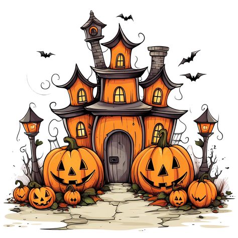 Fun Halloween Drawings, Halloween Cute Illustration, Pumpkin House Drawing, Halloween Pumpkins Drawing, Halloween House Drawing, Printable Halloween Images, Cute Fall Drawings, Chinese Painting Traditional, Clip Art Halloween