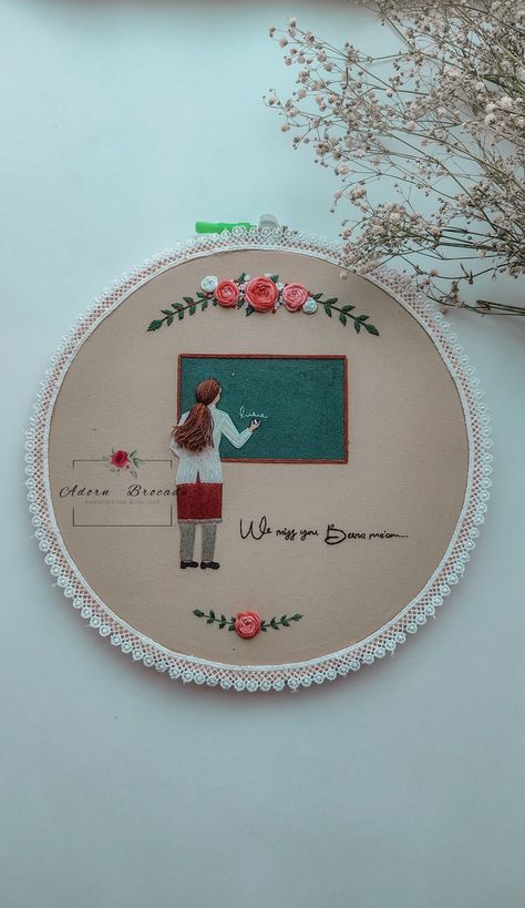 Embroidery Hoop For Teacher, Embroidery Hoop Art For Teacher, Embroidery Hoop Art Diy, Basic Embroidery, Pine Needle Baskets, Handmade Flowers Fabric, Handmade Embroidery Designs, Happy Teachers Day, Baby Blanket Knitting Pattern