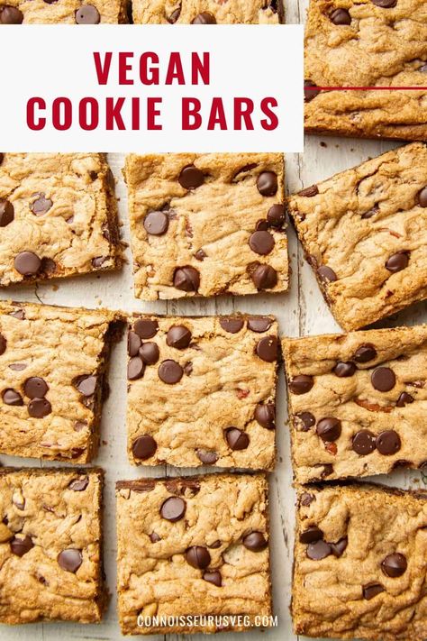 These vegan cookie bars are sweet, chewy, and studded with rich dark chocolate chips and crunchy pecans. So easy to make and so good with a big glass of almond milk! Vegan Cookie Bars Easy, Vegan Chocolate Chip Bars, Vegan Chocolate Chip Cookie Bars, Vegan Cookie Bars, Vegan Dessert Bars, Savory Bread Recipe, Cookie Bars Easy, Vegan Chocolate Recipes, Vegan Cookie