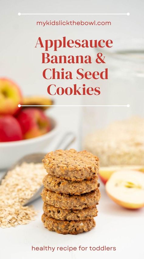 A tower of four oat cookies on a bench top surrounded by pantry ingredients and apples. Chia Seed Cookies, Oatmeal Applesauce Cookies, Low Sugar Cookies, Toddler Cookies, Applesauce Cookies, Healthy Oatmeal Cookies, Banana Oatmeal Cookies, Sugar Free Cookies, Banana Cookies