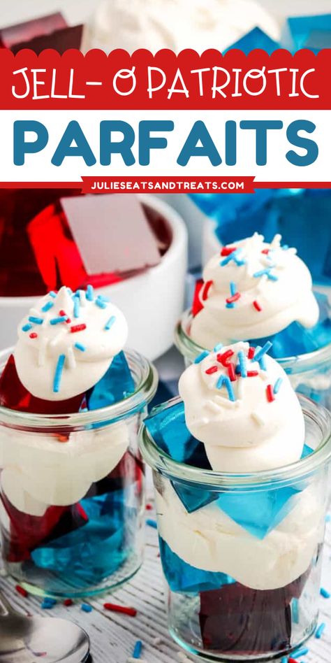 Easy to make party snack idea! This refreshing Jell-O Patriotic Parfaits recipe is a layer of red and blue Jell-O with Cool Whip. Prepare this snack food that kids will love! Jello Jigglers Recipe, Jello Parfait, Red White And Blue Desserts, Easy Desserts For Kids, Memorial Day Desserts, Jello Jigglers, Parfait Cups, Best Party Food, 4th Of July Desserts