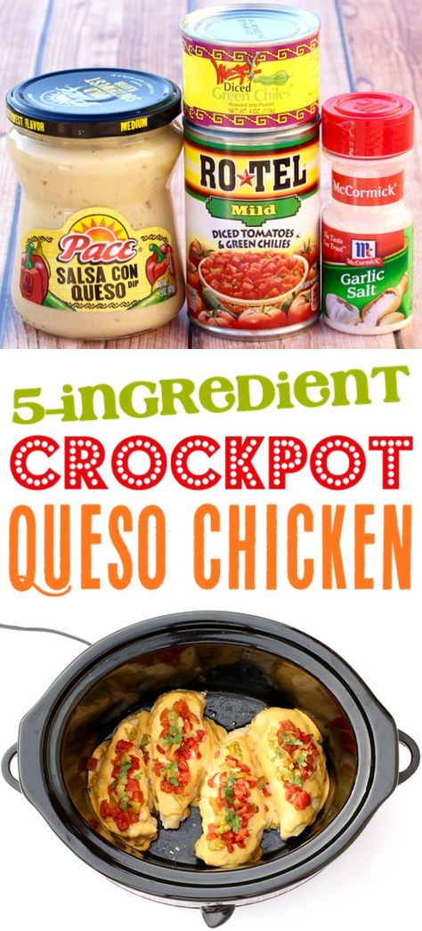 Crock Pot Queso Chicken Recipe! {Just 5 Ingredients} - The Frugal Girls Crockpot Chicken And Rotel Recipes, Crock Pot Queso Chicken, 5 Ingredient Crockpot Chicken, 3 Ingredient Crock Pot Recipes, Rotel Chicken Crock Pot, 5 Or Less Ingredient Recipes, Rotel Crockpot Chicken, 5 Ingredient Or Less Recipes Dinner, Crock Pot Recipes For Kids