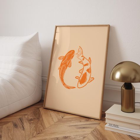 Koi Fish Bathroom Ideas, Asian Inspired Wall Art, Koi Fish Room Decor, Japanese Bathroom Decor, Japanese Wall Art Decor, Minimalist Poster Aesthetic, Vintage Aesthetic Bedroom, Koi Fish Wall Art, Koi Fish Decor