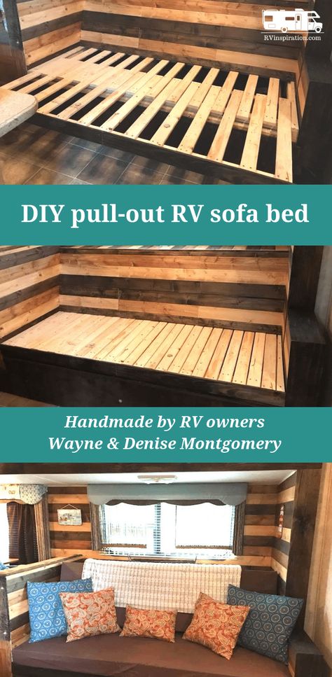 12 DIY RV Sofa Ideas & Inspiration | RV Inspiration Small Camper Bed Ideas, Diy Rv Bench Seats, Camper Futon Ideas, King Bed Into Couch, Diy Couch Bed Small Spaces, Diy Camper Sofa Bed, Diy Rv Sofa Bed, Diy Camper Renovation Ideas, Diy Camper Couch