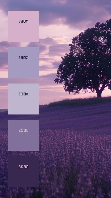 Colors:
D6B0CA
A59AC0
9E8CB4
82709C
382850 Colored Pencil Lessons, Lavender Color Palette, Field Of Lavender, Dark Silhouette, Light Clouds, Wedding Theme Color Schemes, Calm Color Palette, Gradient Color Design, Purple Palette