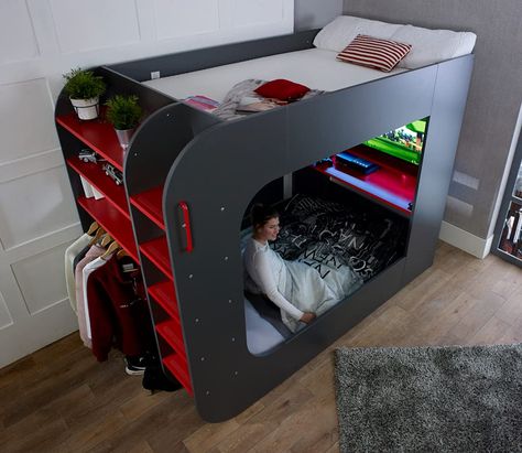 happybeds Gaming High Sleeper Bed, PodBed Grey & Red Gaming High Sleeper with Grey Sofa EU Small Double (EU Small Double - Frame Only) : Amazon.co.uk: Home & Kitchen Pod Bed, Gaming Bed, Small Double Bed Frames, Gaming Bedroom, High Sleeper Bed, High Sleeper, Open Wardrobe, Small Double Bed, High Beds