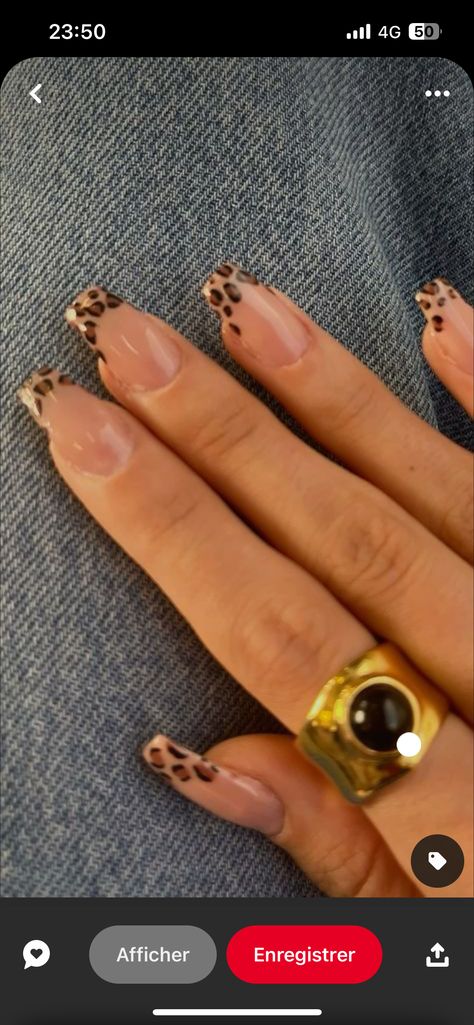 Nail Hoco Ideas, Fall Nails Ideas French Tip, Short Nail Designs Lepord Print, Leopard Print French Tips Square, Leapord French Tip Nails Acrylic, Volleyball Safe Nails, Leopard Print Square Nails, Leopard Print French Tips Almond, Cheetah Square Nails