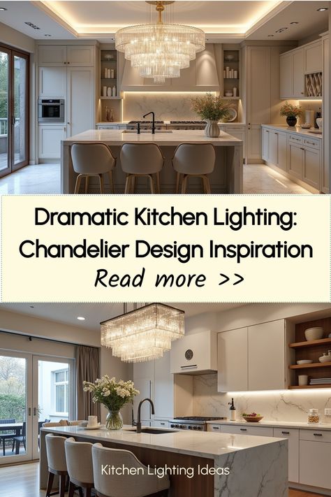 Luxurious kitchen interior featuring dramatic crystal light fixture Dramatic Kitchen, Island Lighting Modern, Kitchen Island Lighting Modern, Statement Chandelier, Kitchen Lighting Ideas, Central Kitchen, Kitchen Chandelier, Statement Chandeliers, Lighting Chandelier