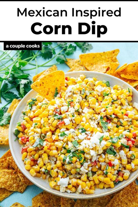 This Mexican street corn dip recipe is inspired by the irresistible flavors of street corn: lime, chili, cilantro and crumbled cheese! #corndip #mexicancorndip #mexicanstreetcorndip #mexicancorndiprecipe #dip #easydip #diprecipe #easydiprecipe #summerdip #summerappetizer Easy Mexican Appetizers, Mexican Appetizers Easy, Canned Corn Recipes, Appetizers Cold, Easy Bean Dip, Mexican Corn Dip, Oven Roasted Corn, Easy Fruit Dip, Fresh Salsa Recipe