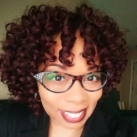 www.twanajames.com..come check me out. I'm not just a Crochet Braid Stylist. I'm also a Radio Vet and looking for opportunities. www.twanajames.com This hair is 6" Bobbi Boss Cosmo Curl, color 99J. #twanajames Short Crochet Braid Styles, Short Crochet Braids Hairstyles, Crochet Braids Hairstyles Curls, Short Curly Crochet Hair, Crochet Hair Styles Freetress, Short Crochet Braids, Bob Braids Hairstyles, Curly Crochet Hair Styles, Crochet Braid Styles