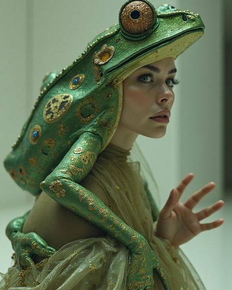 Frog fashion 🐸 #frogart #frogfashion #froggirl #frogartwork #aiartist #aiphoto #aifashion Frog Clothes Drawing, Frog Costume Aesthetic, Frog And Toad Costume, Frog Costume Diy, Frog Photoshoot, Frog Poses, Frog Halloween Costume, Frog Fashion, Frog Mask