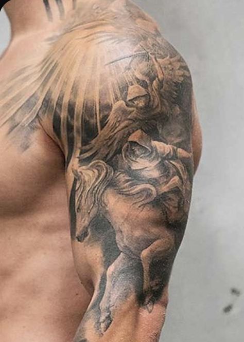 Knight Tattoo, Men Tattoos Arm Sleeve, Mens Shoulder Tattoo, Mythology Tattoos, Chest Tattoo Men, Leg Tattoo Men, Greek Tattoos, Tattoo Desings, Hand Tattoos For Guys