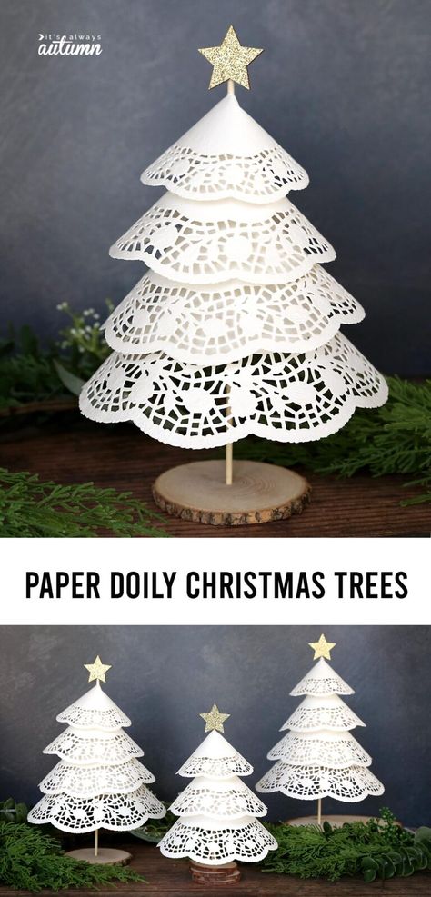 Pretty paper doily Christmas trees are made with inexpensive supplies from the Dollar Store! Doily Christmas Tree, Maquillaje Simple, Paper Doily Crafts, Lace Christmas Tree, Paper Flowers Wall Decor, Paper Flowers Wall, Christmas Tree Base, Flowers Wall Decor, Doilies Crafts