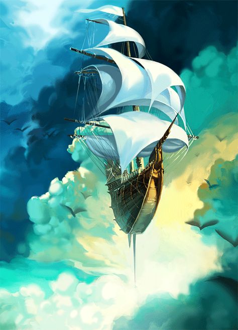 Fantasy Flying Ship in the Clouds Airship Art, Flying Ship, Steampunk Vehicle, Ship Drawing, Treasure Planet, Fantasy Art Landscapes, Fantasy Aesthetic, High Fantasy, Ship Art