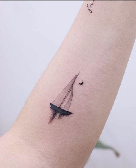 Small Travel Tattoo, Small Travel Tattoos, Lime Tattoo, Tattoo Ideas Travel, Watercolor Bike, Sailing Tattoo, Sailboat Tattoo, Moon Globe, Boat Tattoo