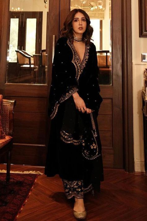 Buy #black #kurta with zardozi embroidery on the neckline and sleeve hems by #SureenaChowdhri at #AzaFashions Shop online now at #Azafashions.com Call +12132135273 or email contactus@azafashions.com for enquiries. #wedding #festive #ethnic #tradional #shopping #shoponline #party #reception #bride Velvet Suits Women Indian, Sureena Chowdhri, Black Velvet Suit, Embroidery Zardozi, Suits For Women Indian, Velvet Suit Design, Kurta Palazzo Set, Velvet Embroidery, Velvet Dress Designs