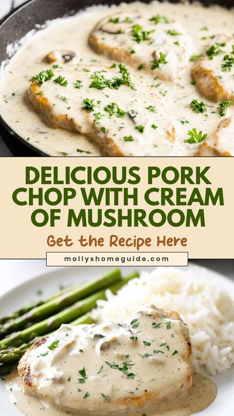 Treat yourself to a delicious dinner with these juicy pork chops smothered in a creamy mushroom sauce. This recipe is perfect for a cozy family meal or special occasion dinner. The rich flavors of the mushrooms pair perfectly with the tender pork, creating a mouthwatering dish that will tantalize your taste buds. Whether you're an experienced cook or just starting out in the kitchen, this dish is easy to make and sure to impress. Pork Loin With Mushroom Sauce, Pork Chop Recipes Cream Of Mushroom, Pork Chops And Mushrooms Recipes, Pork Chops With Cream Of Mushroom Soup, Cream Of Mushroom Pork Chops, Mushroom Soup Pork Chops, Pork Chops Smothered, Oven Pork Chops, Pork Mushroom