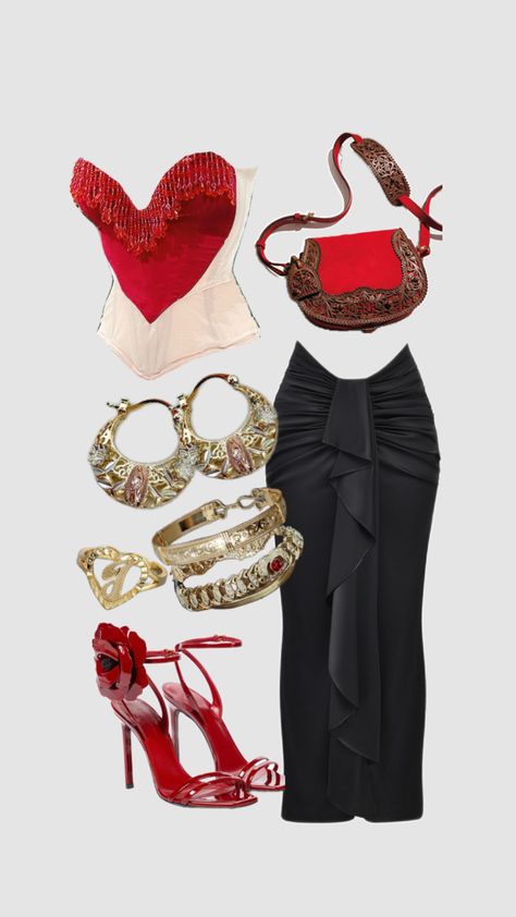 Red and black outfit #outfitideas #outfitinspo #vibes #beauty #outfitaesthetic #sexy #summeroutfits2024 #summeroutfitinspo Red And Black Outfit, Dreamy Wardrobe, Extra Clothes, Red And Black Outfits, Clothes Board, Clothing Reference, Teenage Outfits, Dressy Casual Outfits, Gold Outfit