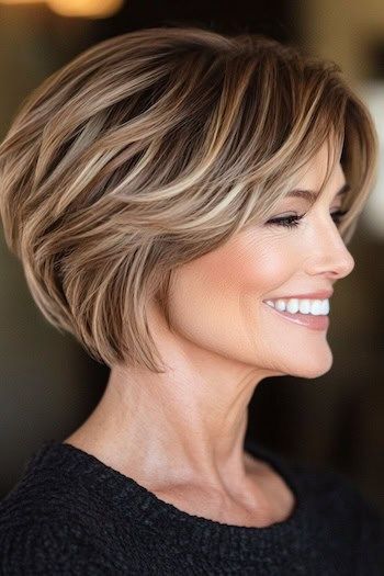 Save this pin for the best bob haircuts for women over 50. The stacked back of this layered bob gives your hair a lift, making it look fuller and thicker. Feathered layers at the ends add softness, creating a flattering shape that stands out with highlights. Bob Haircut With Flipped Ends, Stacked Bob Haircuts For Women Over 50, Bob Haircuts For Women Over 50, Feathered Layered Hairstyles, Short Stacked Bob Haircuts, Feathered Layers, Bob Hair Cuts, Short Layered Bob Hairstyles, Trendy Bob