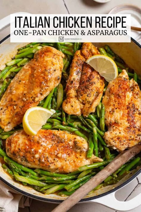 One pan chicken asparagus recipe with white wine and lemon. Make this Italian chicken asparagus recipe for an easy weeknight dinner. Tahini Chicken, Chicken With Asparagus, White Wine Recipes, Lemon Chicken With Asparagus, Chicken And Asparagus, Chicken Green Beans, Spring Salad Recipes, The Mediterranean Dish, Chicken Asparagus