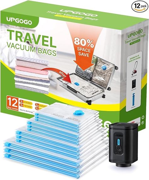 Amazon.com: UPGOGO Combo 12 Pack Travel Vacuum Bags with Prtable Electric Pump,Vacuum Seal Bags for Clothing,Space Saver Vacuum Storage Bags,Vacuum Travel Bags for Luggage,Travel Essentials : Home & Kitchen Vacuum Storage Bags, Vacuum Storage, Seal Design, Designer Pumps, Vacuum Bags, Hand Pump, Space Saver, Storage Bags, Space Savers