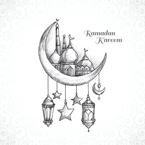 Ramadan Sketch Drawings, Ramadan Art Drawing, Ramzan Mubarak Drawing, Islam Drawing Ideas, Halal Drawings Ideas, Mosque Drawing Easy, Islamic Mandala Art, Mosque Tattoo, Mosque Drawing Islamic Art