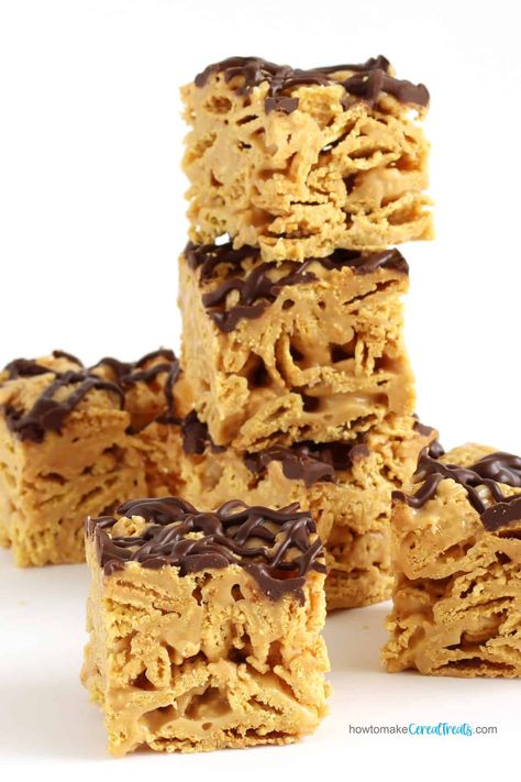 Chex Bars | howtomakecerealtreats.com Chex Cereal Treats, Chex Cereal Recipes, Chex Cereal Bars, Chex Bars, Nutella Rice Krispie Treats, Cereal Treat Recipes, Peanut Butter Cereal Bars, Peanut Butter Cereal, Cereal Bars Recipes