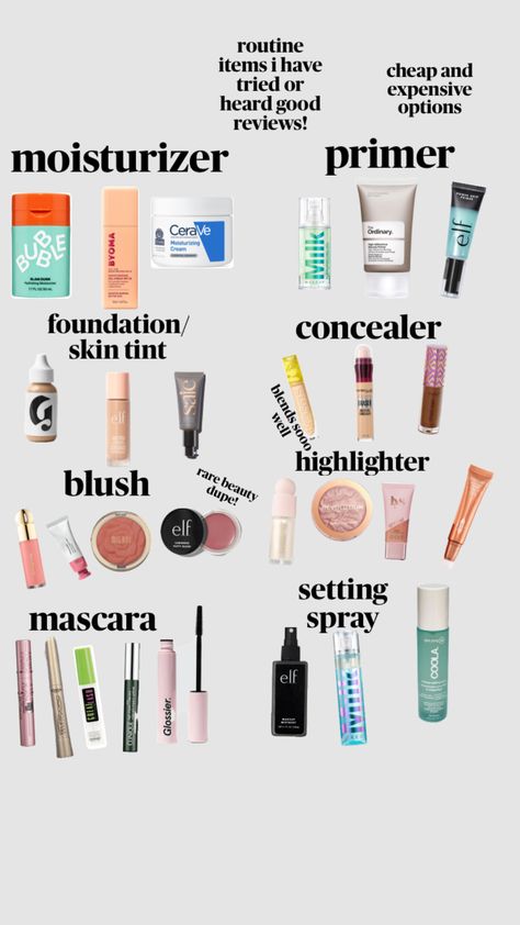 #dupesssss #makeup #makeupproducts #cheap #makeupideas Makeup I Should Buy, Recommend Makeup Products, Basic Makeup Products To Have, No Makeup Essentials, The Best Makeup Routine, Cheap Makeup For Beginners, Makeup Checklist Products, Good Makeup Products Cheap, Cute Makeup Routine