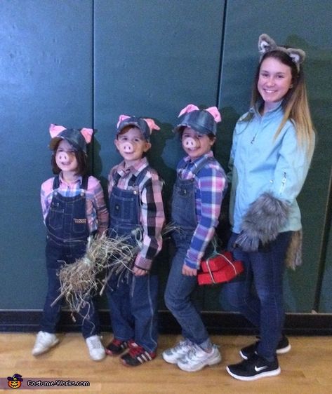 Big Bad Wolf And Three Pigs Costume, 3 Pigs And Big Bad Wolf Costume, Three Little Pigs Halloween Costumes, Pig Costume For Kids, 3 Little Pigs Costume, Three Little Pigs Costume, Jean Hats, Pig Costume Diy, Nursery Rhyme Costume