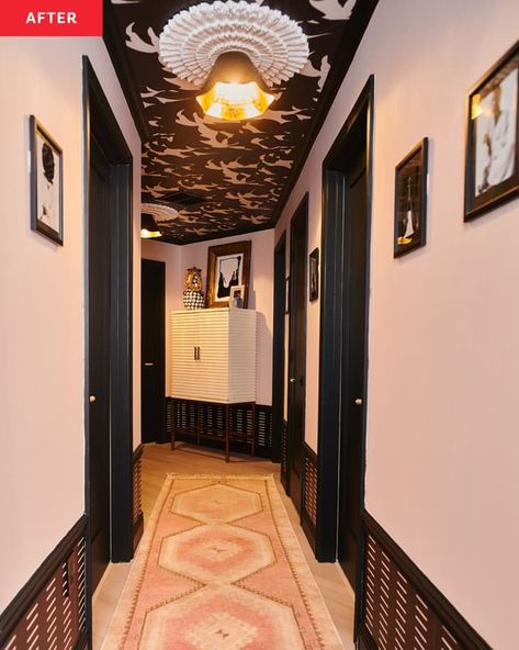 A Blank Hallway’s Bold “Afro-Eclectic” Redo Has Must-See Ceiling Drama Ceiling Design Hallway, Eclectic Hallway Decor, Color Drenching Hallway, Funky Hallway, Bold Hallway, Statement Hallway, Wallpaper Ceiling Hallway, Maximalist Hallway, Moody Hallway