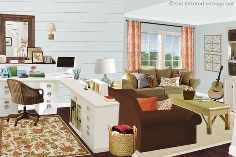 Notice the office/living space in a large room.  This arrangement would work very nicely in a basement or bonus room. Living Room Office Combo, Living Room And Kitchen, Desk In Living Room, Dining Room Combo, Trendy Living Rooms, Craft Room Office, Living Room Remodel, Home Office Space, Family Room Design