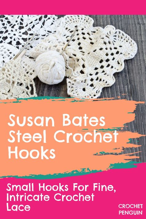 Steel #crochethooks are for tiny, delicate, and intricate designs, like when you're making #crochetedlace. #SusanBates has a complete range of steel #crochet hooks, called Steelite. Read my review. #crocheter #crochetlace #crocheting #crocheters #ilovecrochet #crochethook #crochetaddict #crochetthread #threadcrochethook 10mm Crochet Hook Pattern, Unique Crochet Hooks, Antique Crochet Hooks, Custom Crochet Hooks, Susan Bates Crochet Hooks, Crochet Penguin, Steel Crochet Hooks, Thread Crochet, Crochet Lace