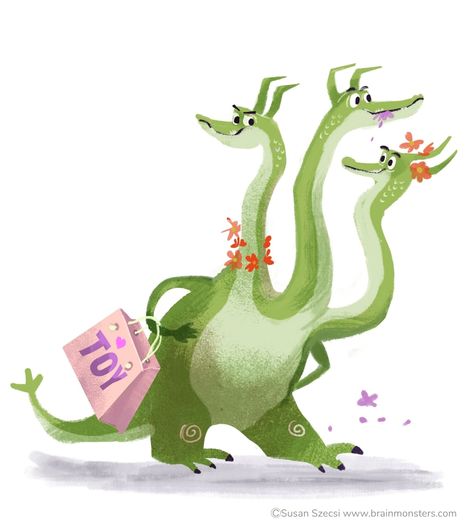 three-headed funny green dragon for picture books going on a shopping spree