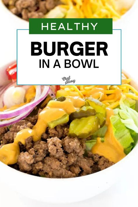 You're going to want to save this Healthy Cheeseburger Bowl for a great Low Carb Keto Friendly Meal! Craving a cheeseburger, but want to stick to your healthy eating regimen? Then, you’ve got to try this burger in a bowl recipe! Perfect for a light lunch or dinner, as well as meal-prepping ahead of a busy week. It’s low carb, paleo and keto friendly! Follow Chef Savvy for more under 30 minute easy meals! Cheeseburger Bowl, Healthy Cheeseburger, Burger In A Bowl, Healthy Low Carb Dinners, Healthy Bowls Recipes, Healthy Burger, Low Carb Low Fat Recipes, Low Carb Meal Prep, High Protein Low Carb Recipes