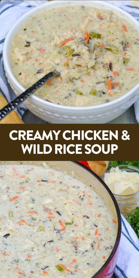 Creamy Chicken and Wild Rice Soup is everything you could hope for in a meal on a cold winter night. It’s creamy, comforting, and quick. Plus it saves you money since it’s a spot on copy of the Panera classic. #souprecipe #recipe #soup Wild Rice Soup Crockpot, Rice Soup Crockpot, Creamy Chicken And Wild Rice, Chicken And Wild Rice Soup, Chicken Soups, Wild Rice Soup Recipes, Chicken Wild Rice, Chicken Wild Rice Soup, Comforting Dinner