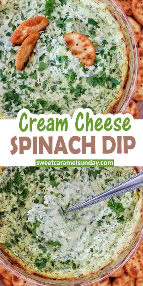 Cream Cheese Spinach Dip is a quick and easy oven baked dip! Using everyday ingredients, this dip is best served with crackers or toasted bread. Bonus about it is that it can be served HOT or COLD! #easyrecipe @sweetcaramelsunday Cheese Spinach Dip, Spinach Dip Cold, Baked Dip, Spinach Cheese Dip, Cream Cheese Spinach, Baked Dips, Cream Cheese Dip, Spinach Dip Recipe, Cheese Spinach