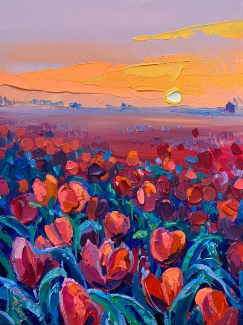 Tulip Painting Aesthetic, Painting Ideas On Canvas Tulips, Field Of Tulips Painting, Tulip Field Drawing, Tulips Painting Acrylic, Tulip Acrylic Painting, Tulip Field Painting, 2 Canvas Painting, Field Of Flowers Painting