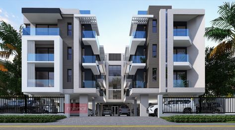 Small Apartment Complex Exterior, High Rise Apartment Architecture, Apartment Block Architecture, Modern Apartment Building Exterior, Apartment Building Exterior, Apartments Design, Residential Building Plan, Residential Architecture Apartment, Architectural Concepts