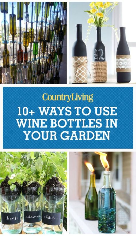 Wine Bottle Garden Crafts - How to Use Recycled Bottles In Your Yard Wine Bottle Fence, Pretty Wine Bottles, Wine Bottle Garden, Patio Wall Art, Reuse Wine Bottles, Old Wine Bottles, Backyard Trees, Recycled Wine Bottles, Empty Wine Bottles