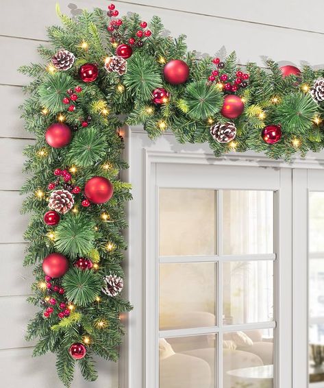 Amazon.com: LAVEVE Pre-lit Christmas Garland 9 FT, Battery Operated 100 Lights Garland with Cedar Cones and Red Metal Ball, Outdoor Indoor Christmas Decorations for Mantle, Stairs, Front Porch : Home & Kitchen Christmas Garland Doorway Front Entry, Led Lightss, Christmas Decorations For Mantle, Porch Christmas Lights, Pre Lit Christmas Garland, Country Christmas Ideas, Outdoor Christmas Garland, Diy Xmas Decor, Porch Garland