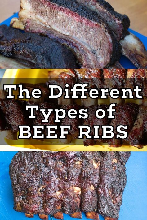 Collage of images showcasing various types of beef ribs. The top image highlights a close-up of tender, smoked beef ribs with a visible smoke ring. The middle image shows a rack of beef ribs arranged on a yellow platter with a rich, glossy glaze. The bottom image features a full rack of cooked beef ribs on a blue surface, displaying a dark, flavorful bark. Braised Beef Ribs, Back Ribs, Braised Short Ribs, Braised Beef, Beef Ribs, Short Ribs, Cooking Techniques, Different Types, Grilling