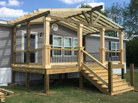 Wood Deck Front Porch, Double Wide Front Porch, Double Wide Front Porch Ideas, Backyard Deck Ideas On A Budget, Wide Front Porch, Deck Ideas On A Budget, Mobile Home Deck, Manufactured Home Porch, Mobile Home Front Porch